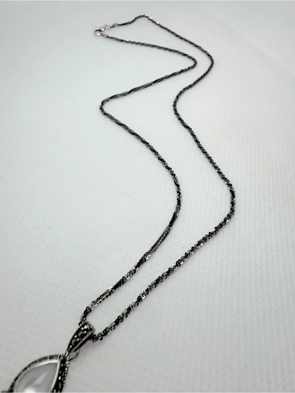 Vintage Italian Art Deco Marcasite Onyx Mother of Pearl Chandelier Drop Necklace
